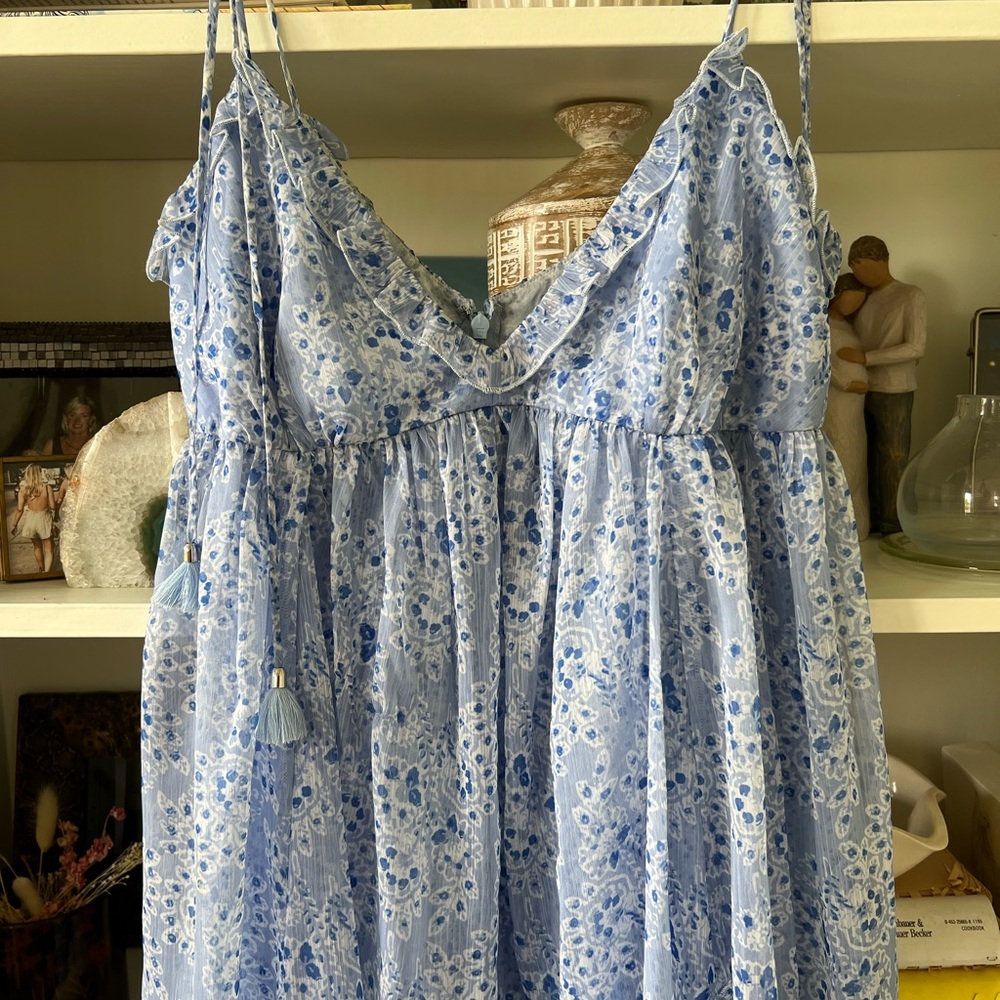 Karina Grimaldi Blue Patterned Ruffle Babydoll Fl… - image 4